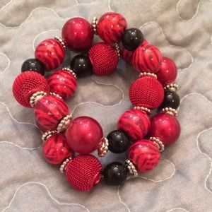 Red and black zebra print large bead bracelet set